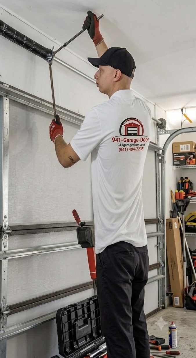 941-Garage-Door technician repairing a torsion spring on a Lakewood Ranch garage door