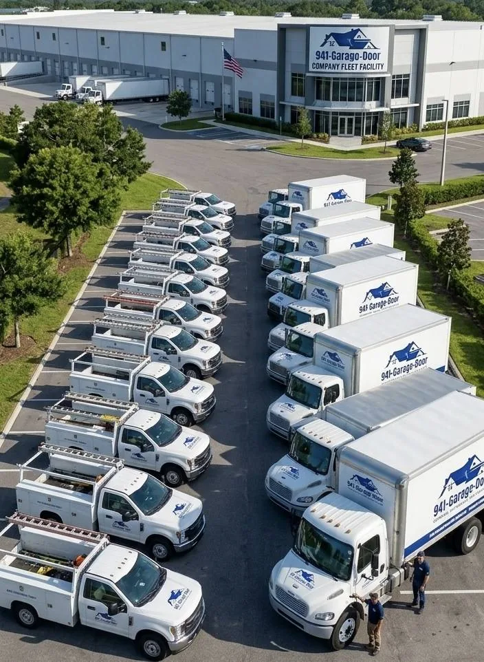 941-Garage-Door branded service truck and box-truck fleet lined up at the North Port facility